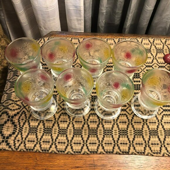 KIG Indonesia Footed Dessert Dish Embossed Floral Glass Vtg Set of 8 - Picture 4 of 8